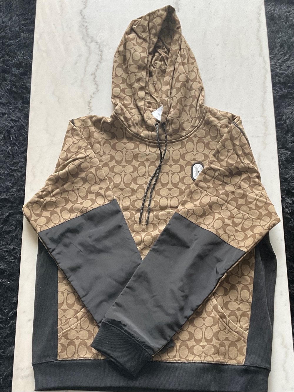NWT Men’s XL Coach Brown Signature Logo Hooded Bomber with Black Sleeve Panels